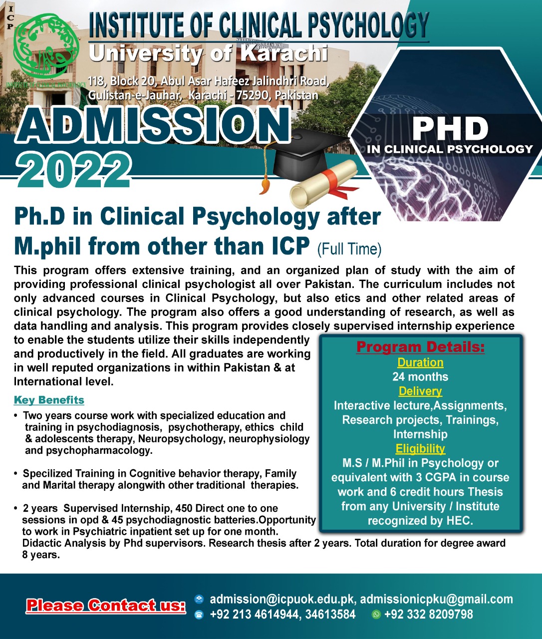 phd psychology admission 2023 in pakistan
